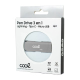 Pen Drive USB x64 GB COOL (3em1) Lightning/Type-C USB Cinza