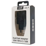 Carregador rapido (PD) duplo tipo C/USB COOL (20 W) preto