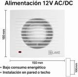 Extrator Bilake casa de banho 100 mm, alimentação 12V