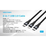 Cabo Vention  (3 em 1)USB-C/Lightning/USB-C macho Preto 1.2m