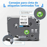 Fita p/Brother TZ TZe231 TZ231 TZc-231 preto sobre branco un